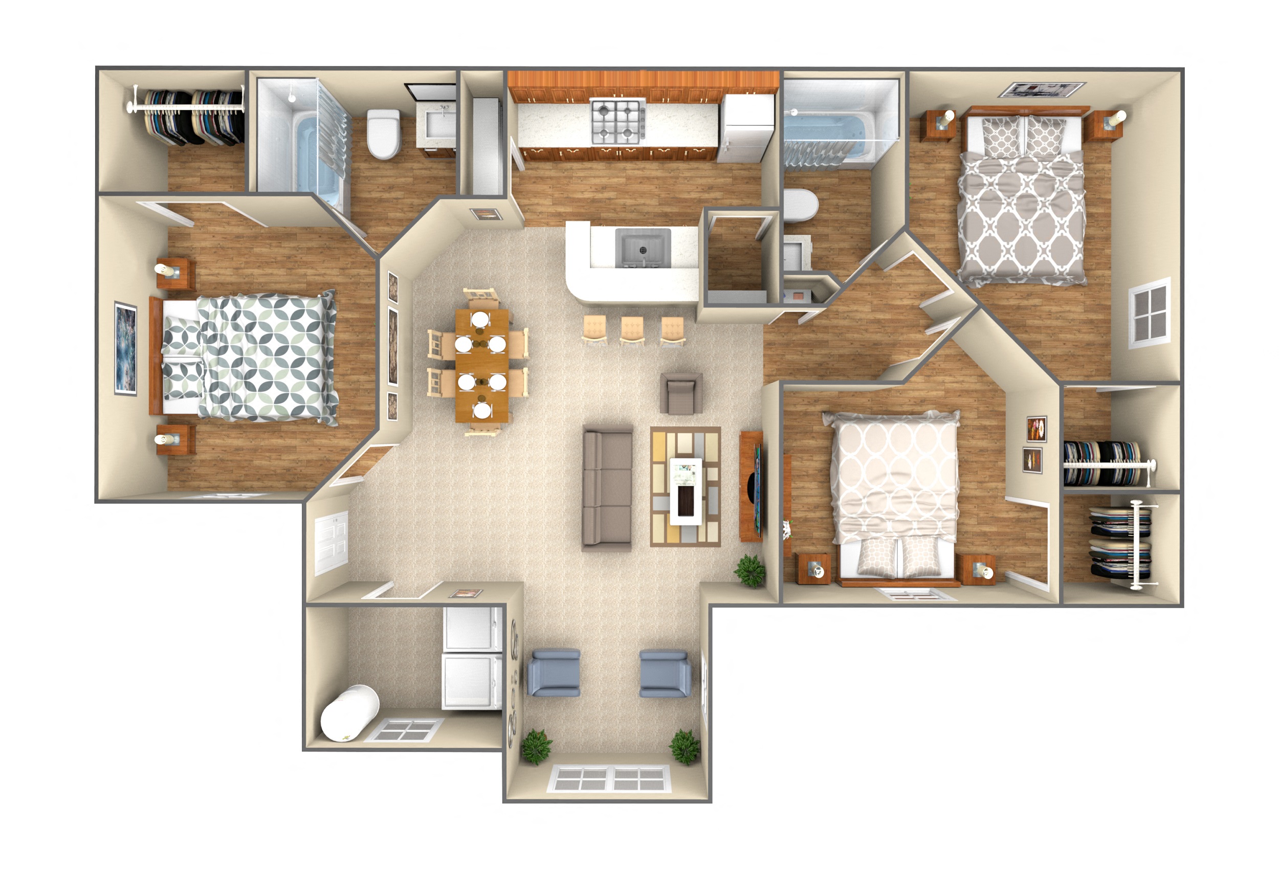 Floor plan for 3 beds, 2 baths, 1050 sqft